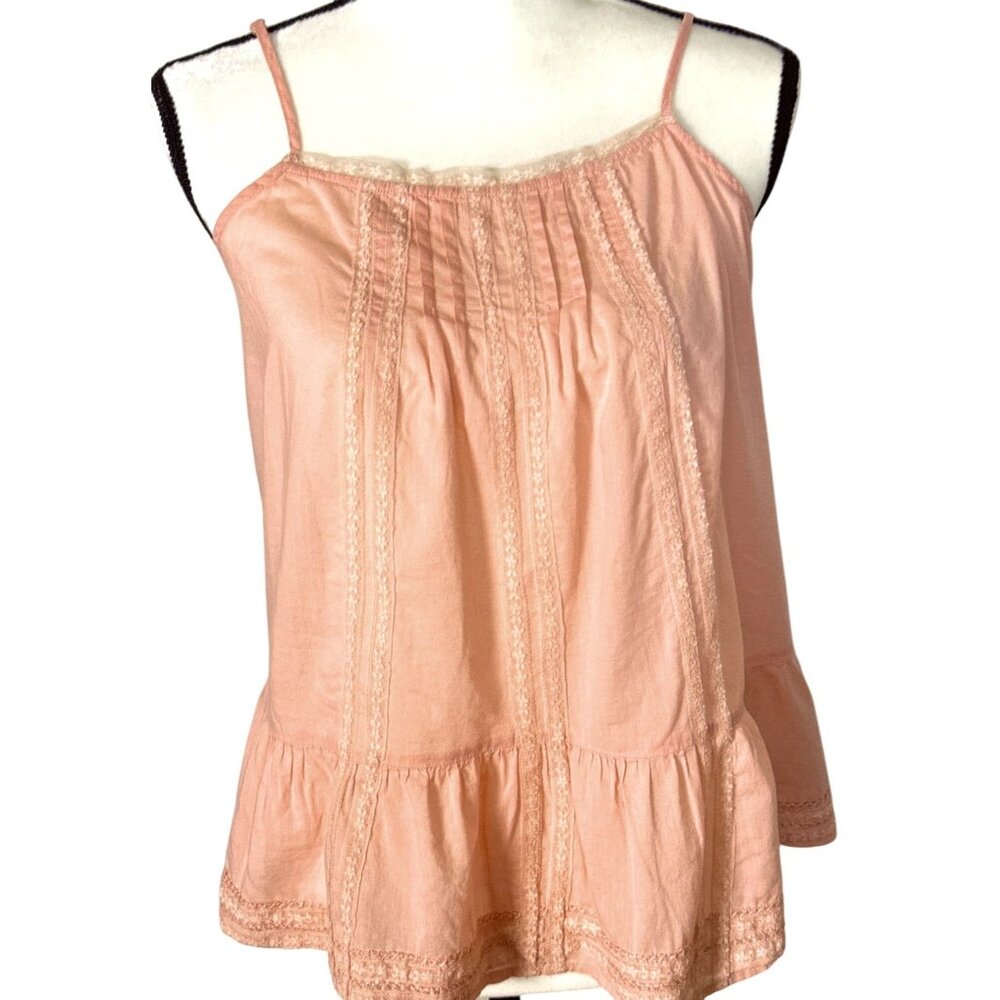 Y2k Boho Coastal Tank Top Pink XXL Sweet Cottagecore Coquette Lace Pintuck
